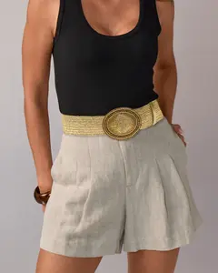 Beaded Circle Buckle Raffia Belt Natural