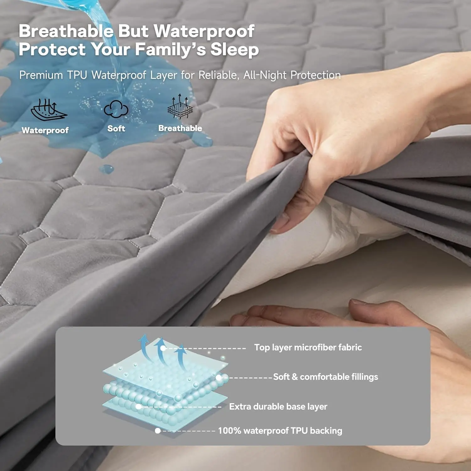 Queen Mattress Protector Waterproof, 18" Deep Mattress Cover - Lab Tested Leakproof, Oeko-TEX Certified, Breathable & Noiseless, Machine Washable,Queen Fitted Sheet Only (Light Grey)