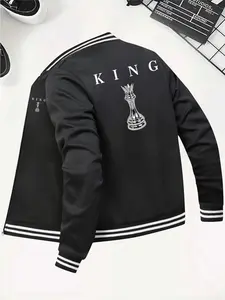 Men's trendy, casual, and fashionable sports baseball jacket, exuding a kingly aura! KING chess graphic print baseball jacket, American street style directly fused onto the body #baseball jacket #trendy men's wear