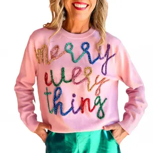 Merry Everything Christmas Sweater for Women Pink Tinsel Knit Holiday Pullover