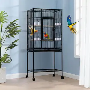 Spacious Large Bird Cage with Rolling Stand and Storage – Flight Cage for Parrots, Parakeets, Cockatiels, Conures, Lovebirds – Black Aviary with Feed Bowls – Ideal for Medium and Large Birds