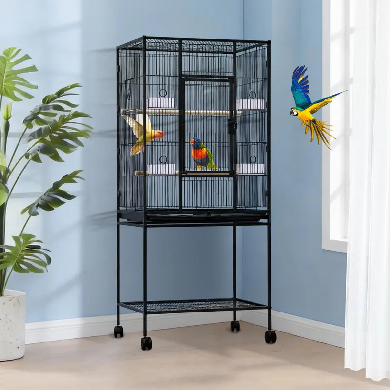 Spacious Large Bird Cage with Rolling Stand and Storage – Flight Cage for Parrots, Parakeets, Cockatiels, Conures, Lovebirds – Black Aviary with Feed Bowls – Ideal for Medium and Large Birds