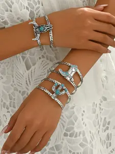 Bohemian Turquoise Vintage Metal Bracelet Set, Alloy & Turquoise Jewelry Series, Denim Boots, Totem Design, Boho Style Accessories