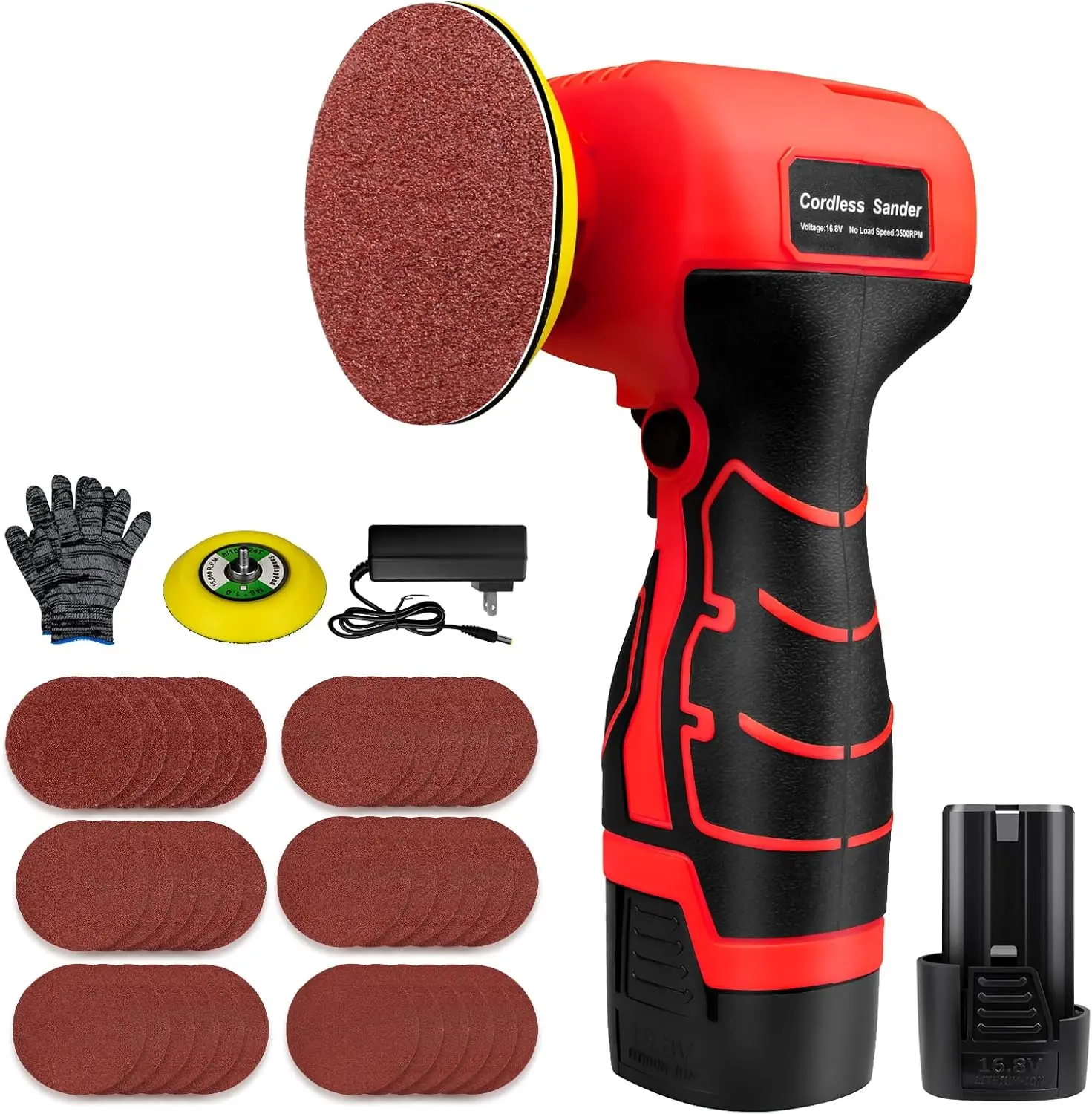 16.8V Cordless Electric Sander - 3.0Ah (1 x 3.0Ah Battery), 3500 RPM, 1.65 lbs Lightweight Compact Design, 36 Synthetic Sandpapers (P60 to P320), Enhanced Portability for Metal, Material Removal & DIY Projects