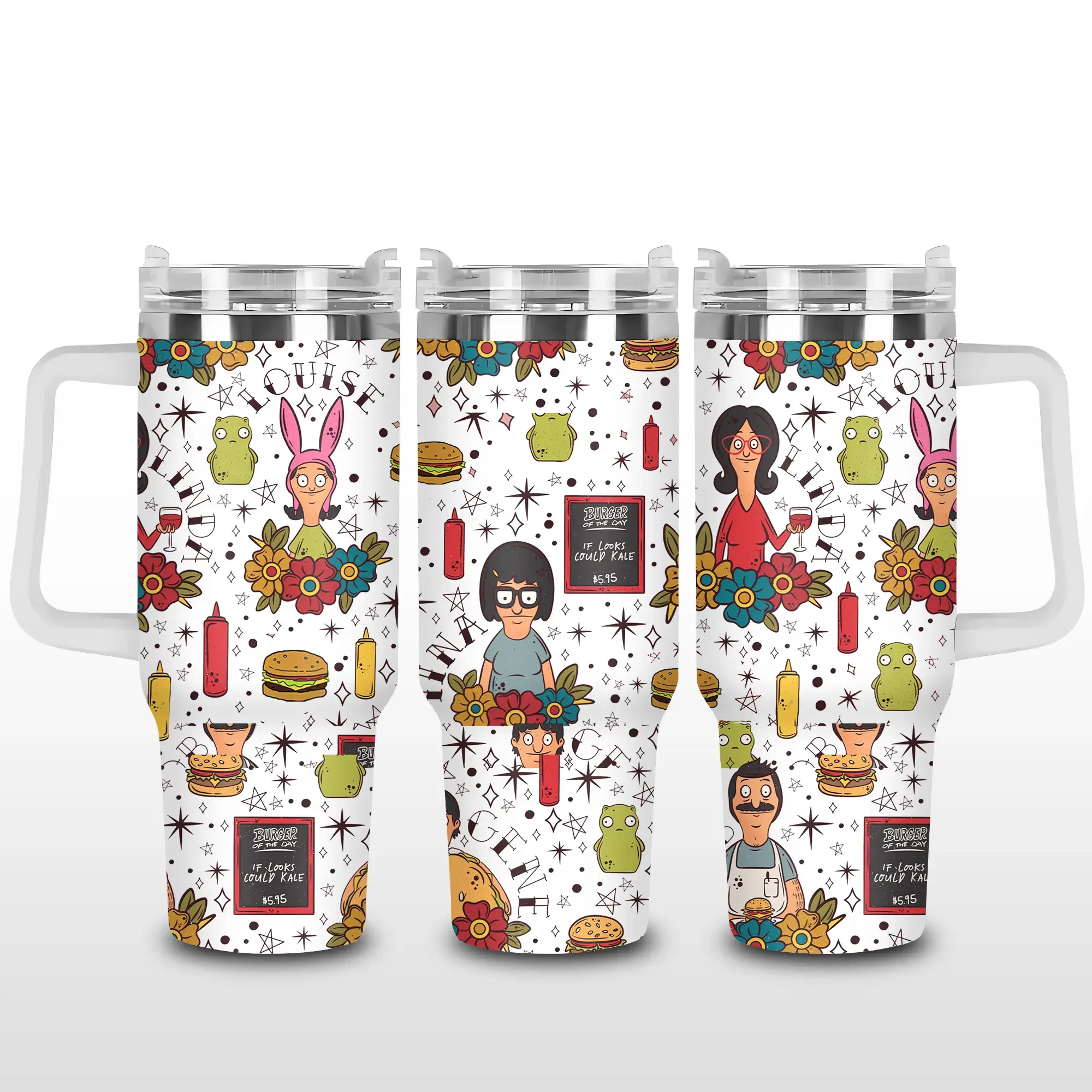 Bob's Burgers Tattoo Art 40oz Tumbler, Funny Sitcom Family White Travel Mug, Floral Flash Cup