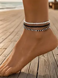 Women's Simple Style Black & White Color Beaded Anklet, Gifts for Her, Casual Trendy Boho Style Anklet, Fashionable Body Jewelry for Women & Girls, Streetwear Jewelry, Nature