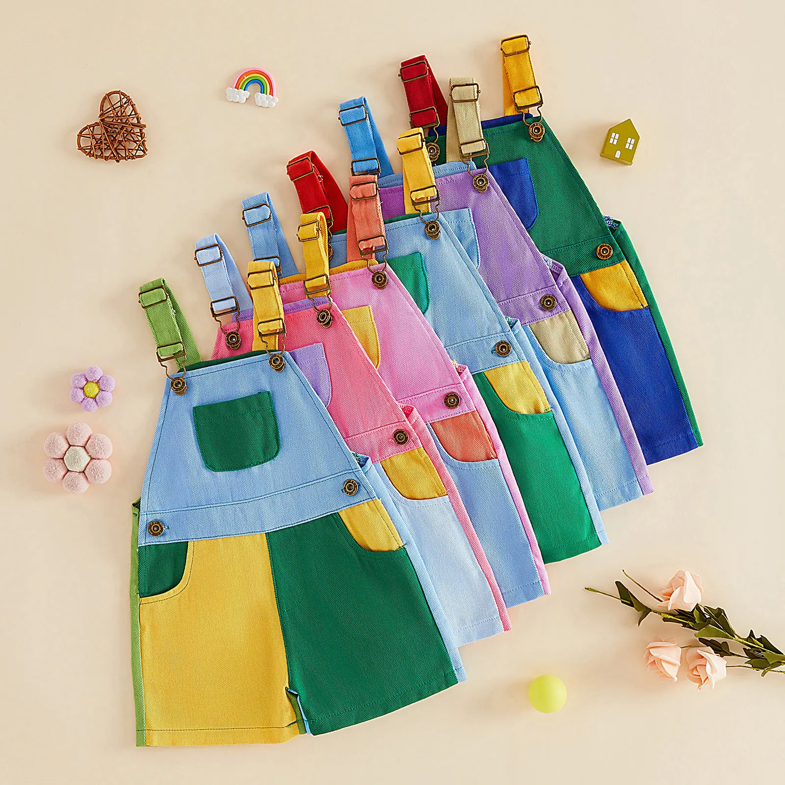 Kids Girls Boys Overall Shorts, Cute Contrast Color Summer Jumpsuit with Pockets