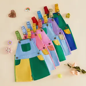 Kids Girls Boys Overall Shorts, Cute Contrast Color Summer Jumpsuit with Pockets