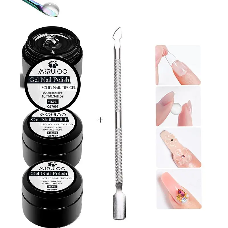 4pcs/set 3 in 1 Transparent Solid Nail Gel Kit with Gel Nail Tips, Steel Push, Press on Nail Glue Strong Adhesive Solid Rhinestone Glue Gel for Salon Art DIY at Home, Need UV Light Cured, 10ML Each Box, Nail Extension Kit, Nail Art Kits, Nail Art Supplies