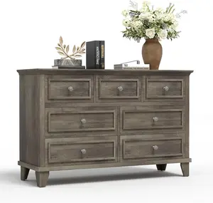 Gray Dresser for Bedroom  7 Drawer Dresser  47Inch Long Dressers TV Stand  Wooden Chest of Drawers with Deep Drawers  Modern Dressers Organizer with Vintage Handle for Hallway Living Room
