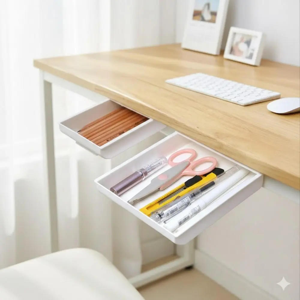 Adhesive Under Desk Organizer, 3-Size Hidden Storage Box for Office & Home, Removable Tray for Pens, Makeup, School Supplies, No Drilling Mount, Compact Desktop Clutter Solution.
