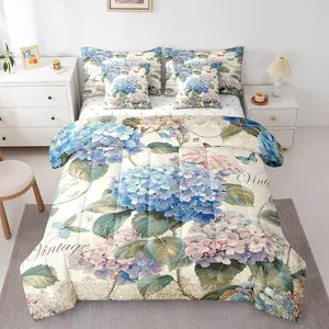 Vintage Hydrangea Flower Comforter Set,7-Piece Retro Floral Bedding Comforter Sets,Girls Butterfly Bed in a Bag,Beige Grunge Bedding Set