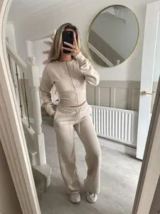 Autumn Winter New Women's Set Round Neck Zipper Cardigan Long Sleeve Top Tie Waist Wide Leg Straight Pants Casual Sports Two-Piece Set Sporty Style two piece set 2 piece sets 2 piece sets women summer vacation sets