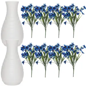 2Pcs/Set Composite Plastic Flower Vase with 8 Bundles Artificial Outdoor Flowers,Unbreakable Ceramic Look Vase for Home Decor Centerpieces,Arranging Bouquets,Halloween Christmas Gifts,Hand Tools Kits