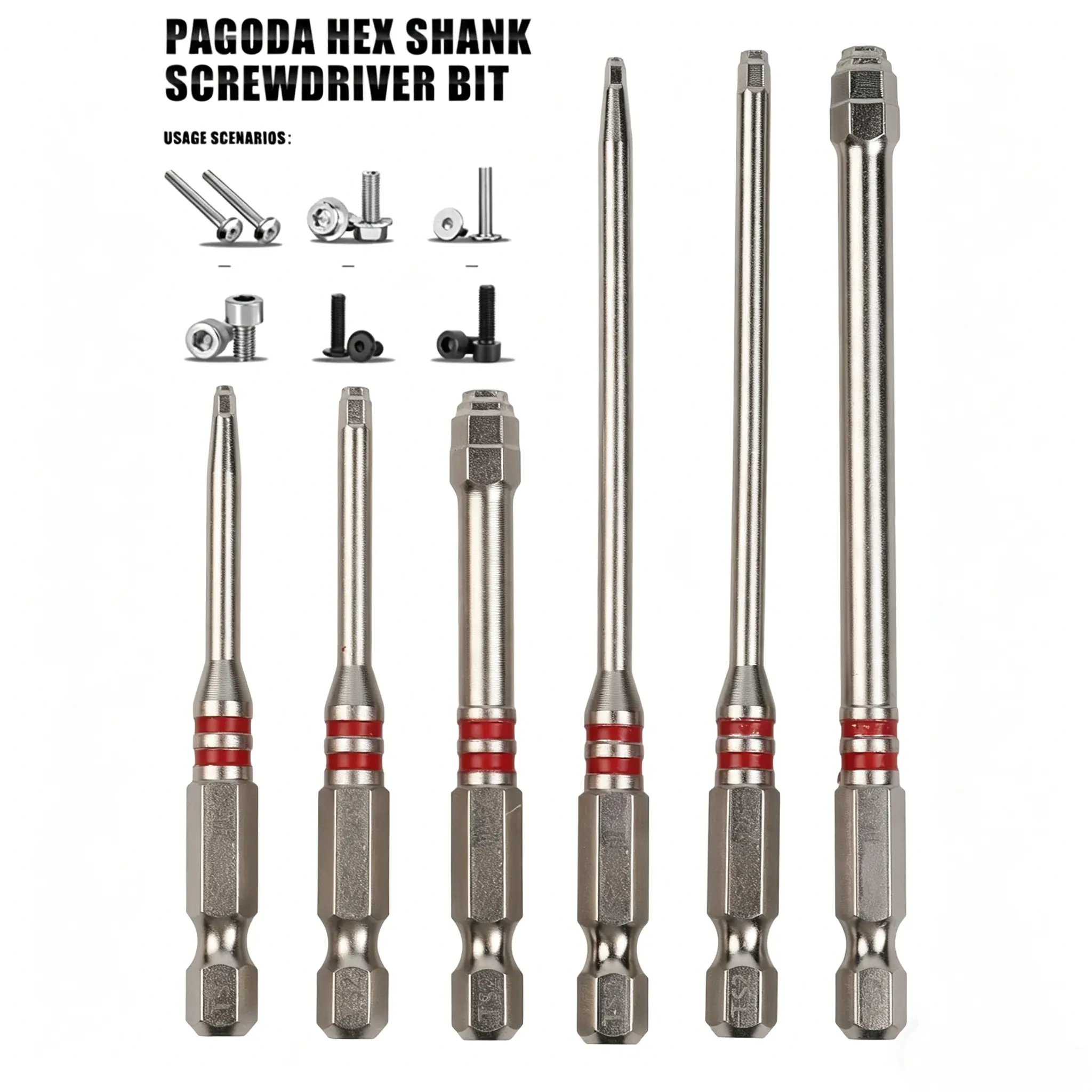 6-Piece Screwdriver Bit Set: Featuring magnetic hexagonal shanks and a unique pagoda-shaped internal hex design, a single bit can tighten nuts ranging from 1.5mm to 6mm—suitable for use with electric drills and wrenches.Metal Bits, Tool Accessories tiktok