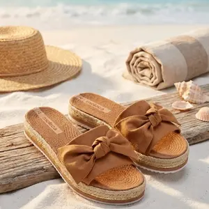 Moleca Women's Tan Bow Slide Sandals - Comfortable Flat Summer Slides with Cushioned Footbed Non-Slip Sole Casual Everyday Slip-On Brazilian Shoe for Beach & Travel