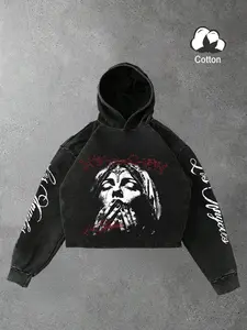 Men's Vintage Graphic Aesthetics Hoodie, Soft Cotton Fabric, Casual Streetwear, Fitted Short Sleeve, Fall & Winter Fashion, Daily Wear, Sweatshirts