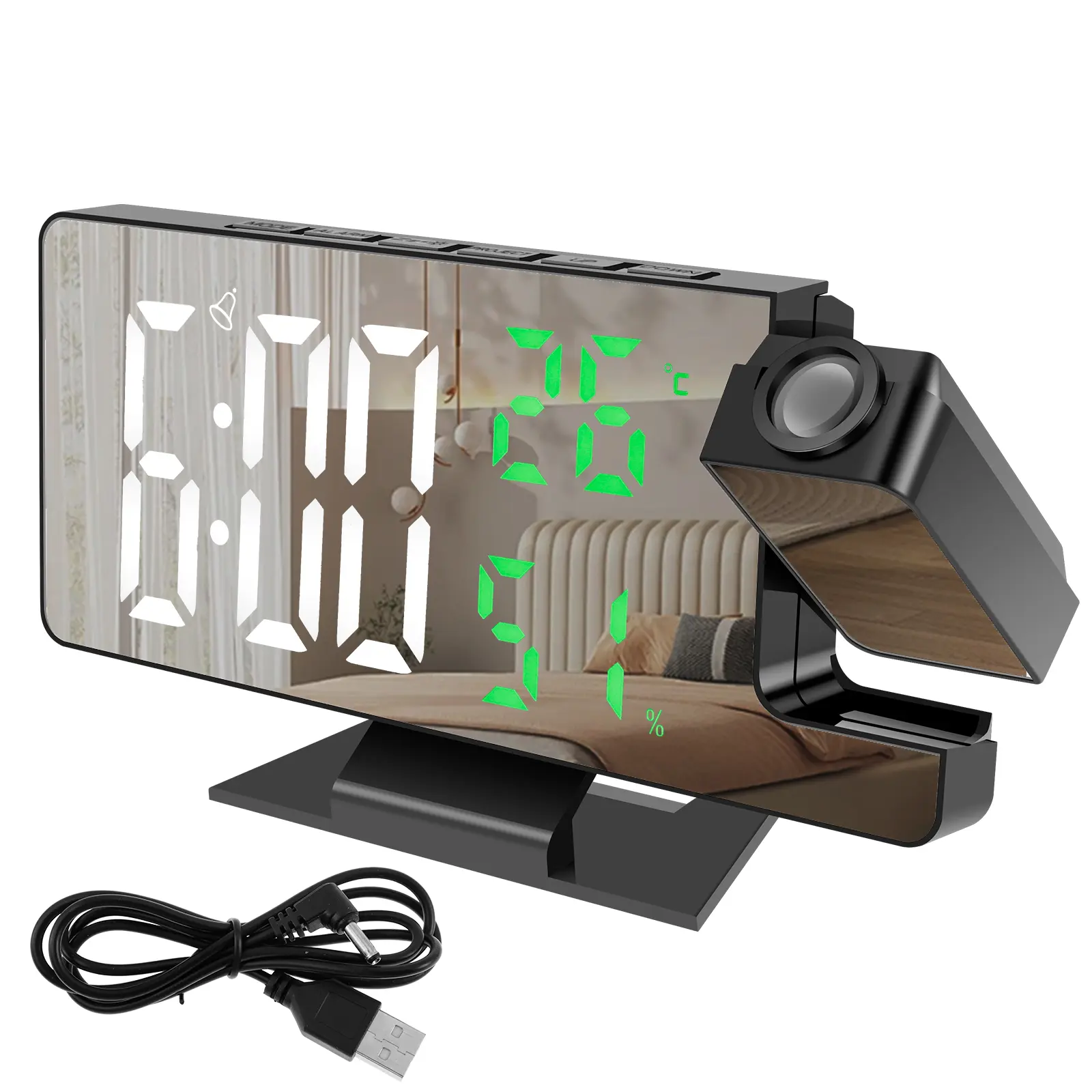 7.3" Reusable Digital Alarm Clock with Large LED Display, USB Charging, 180° Rotatable Projector, Portable Design, ABS Build for Home, Bedroom Decor Wall Use