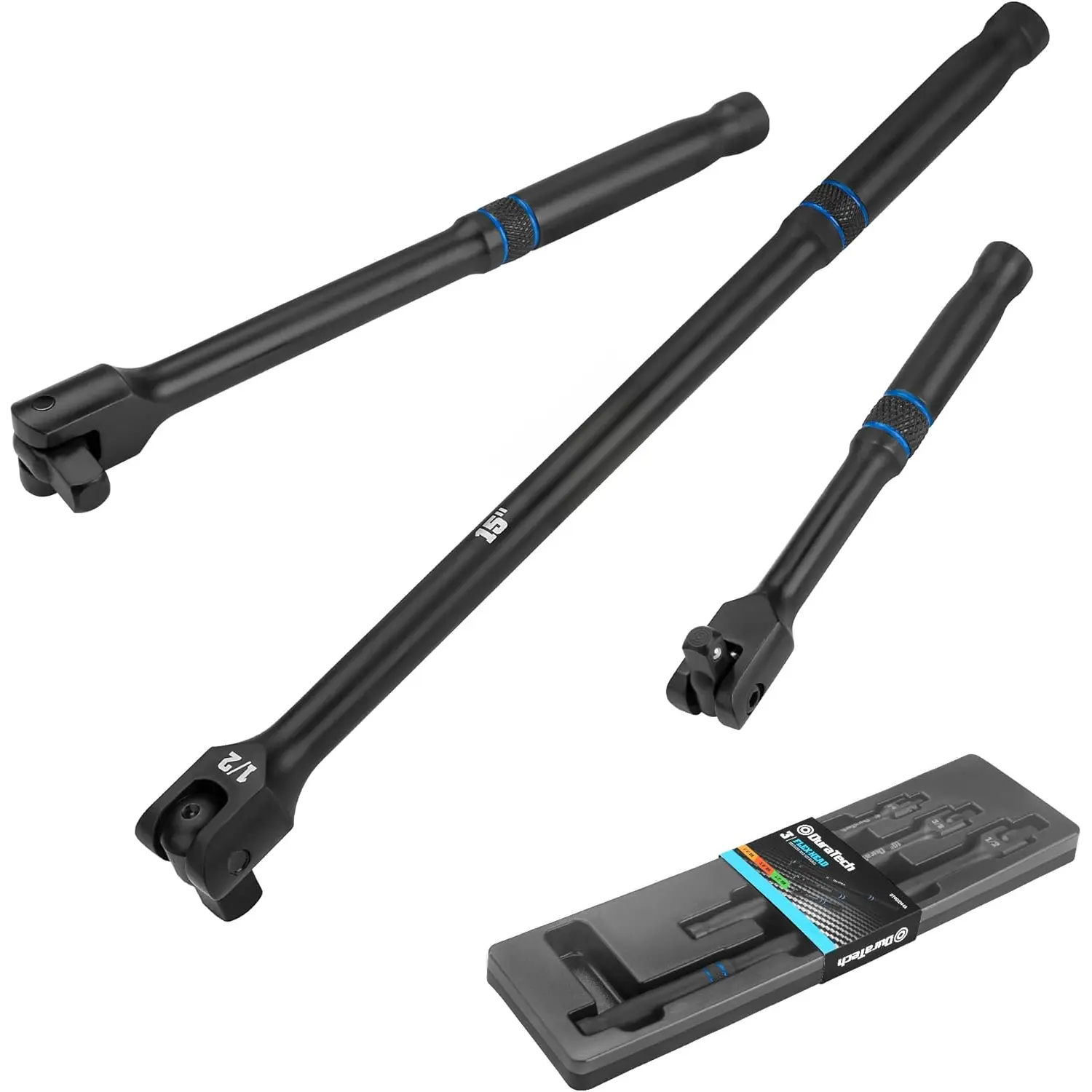 Multi-Size Alloy Steel Breaker Bar Set (3-Count, Premium Chrome), 1/4"-3/8"-1/2" Drive, 6"-10"-15" Length, Rotatable Head (180-Degree), Contoured Grip, Industrial Use for Loosening Bolts & Greater Turning Power, Black, Set Of Three