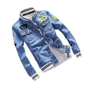 Men's Distressed Patched Denim Bomber Jacket for Casual Streetwear Long Sleeve