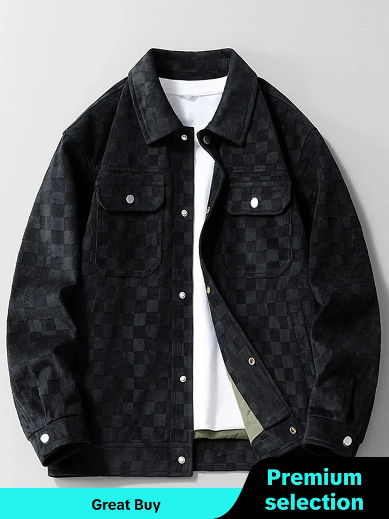 Men's Plain Plaid Print Button Front Suede Jacket, Regular Fit Casual Long Sleeve Collared Pocket Outerwear for Spring & Fall, Coat, Fashion Menswear