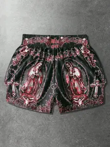 1 Pcs Men's Gothic Graphic Print Shorts, Vintage Religious Skull Rose Elastic Waist Shorts, Casual Summer Streetwear Gym Daily Wear for Men, Fashionable Summer Shorts, Active Shorts