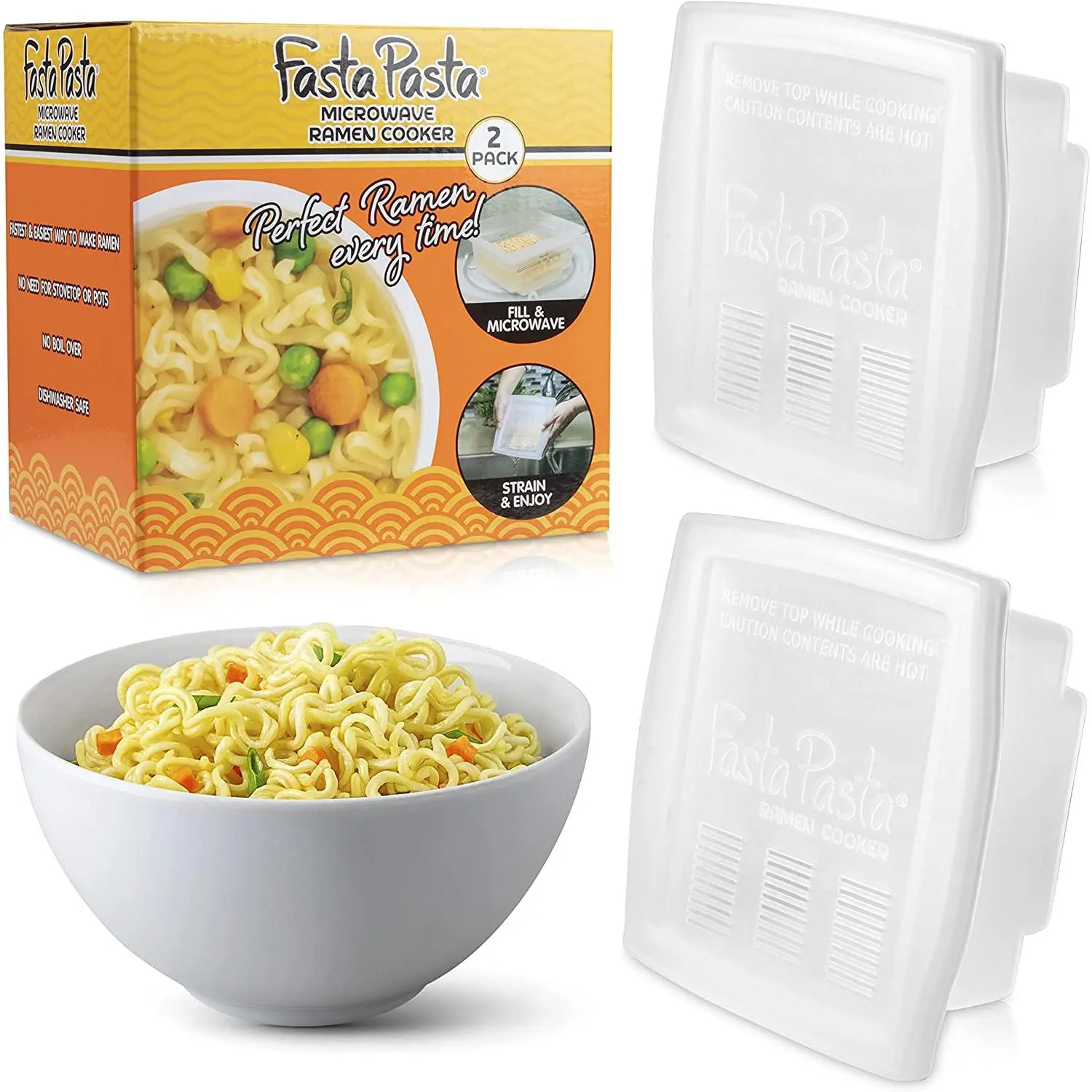 Fasta Pasta Microwave Ramen Noodle Cooker 2 Pack - No Mess, Sticking or Waiting For Boil - Patented Design Makes Perfect Noodles Every Time