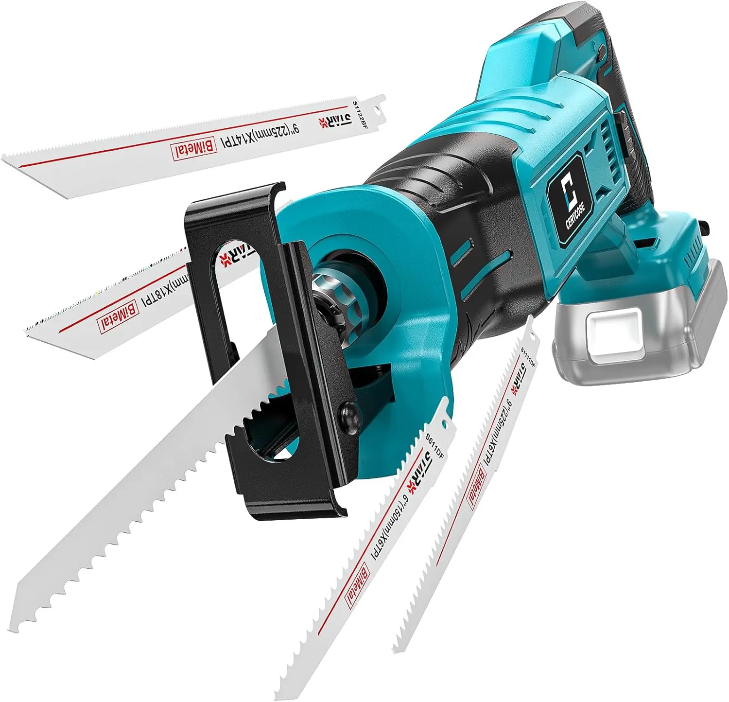 Cordless Reciprocating Saw (Tool Only) - Makita 18V Compatible, 1 inch Stroke Length, 3200 SPM, Variable Speed, Toolless Blade Change, Double Handed Design, High-Performance Brushless Motor, Cordless Convenience, 4 Saw Blades for Metal & PVC, Blushless, M