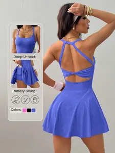 Women's Solid Blue High Stretch Sports Dress with Built-in Pocket for Yoga Workout Casual Active Spring Summer Fall Winter Breathable Anti-Exposure Backless Sleeveless Athletic Wear