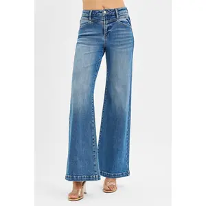 RISEN High Rise Wide Leg Jenas with Front Yoke and Heart Back Pocket
