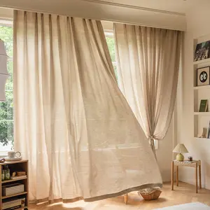 Japanese Style Wood Color Linen Curtains with Rings, Semi-Transparent Drapes for Balcony, Living Room, Bedroom Decor