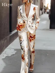 Elegant Floral Fitted Suit Set for Women, Premium Fabric Woven Two-Piece for Work and Daily Wear, Stylish Commuter Fashion, Womenswear