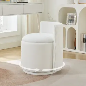 Velvet Vanity Chair with Storage, 360° Swivel Makeup Chair with Wave Back, No Assembly Small Accent Stool for Bedroom, Dressing, Living Room, White Modern Furniture