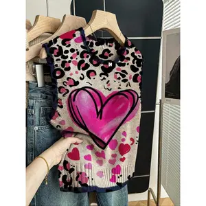 Women's Casual Loose-Fitting Round Neck Sleeveless Sweater, Heart Print Color-Block Cardigan for Spring Summer Fall Winter