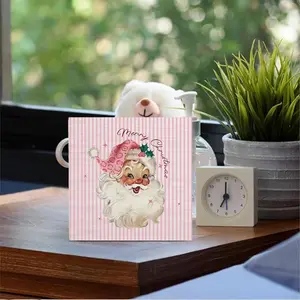 Pink Christmas Santa Wooden Box Sign Desk Decor, Preppy Christmas Decor, Merry Xmas Santa Claus Pink Striped Wood Signs for Home Office Desk Table Shelf Decorations, home decor products, 5x5 Inch