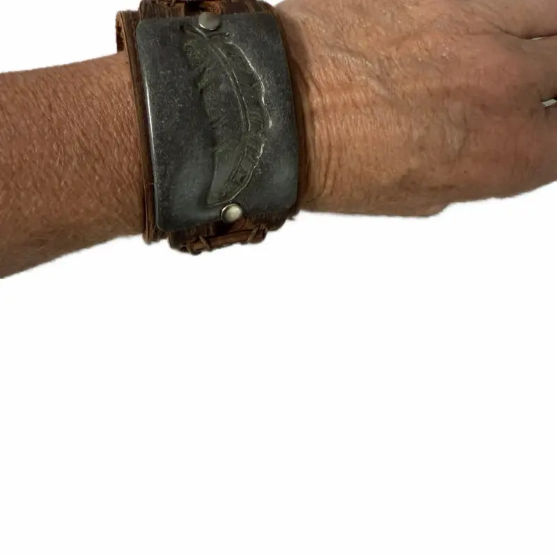 Feather Metal Leather Cuff, Handcrafted  Statement Bracelet, Adjustable Boho jewelry, Western Leather Cuff Bracelet