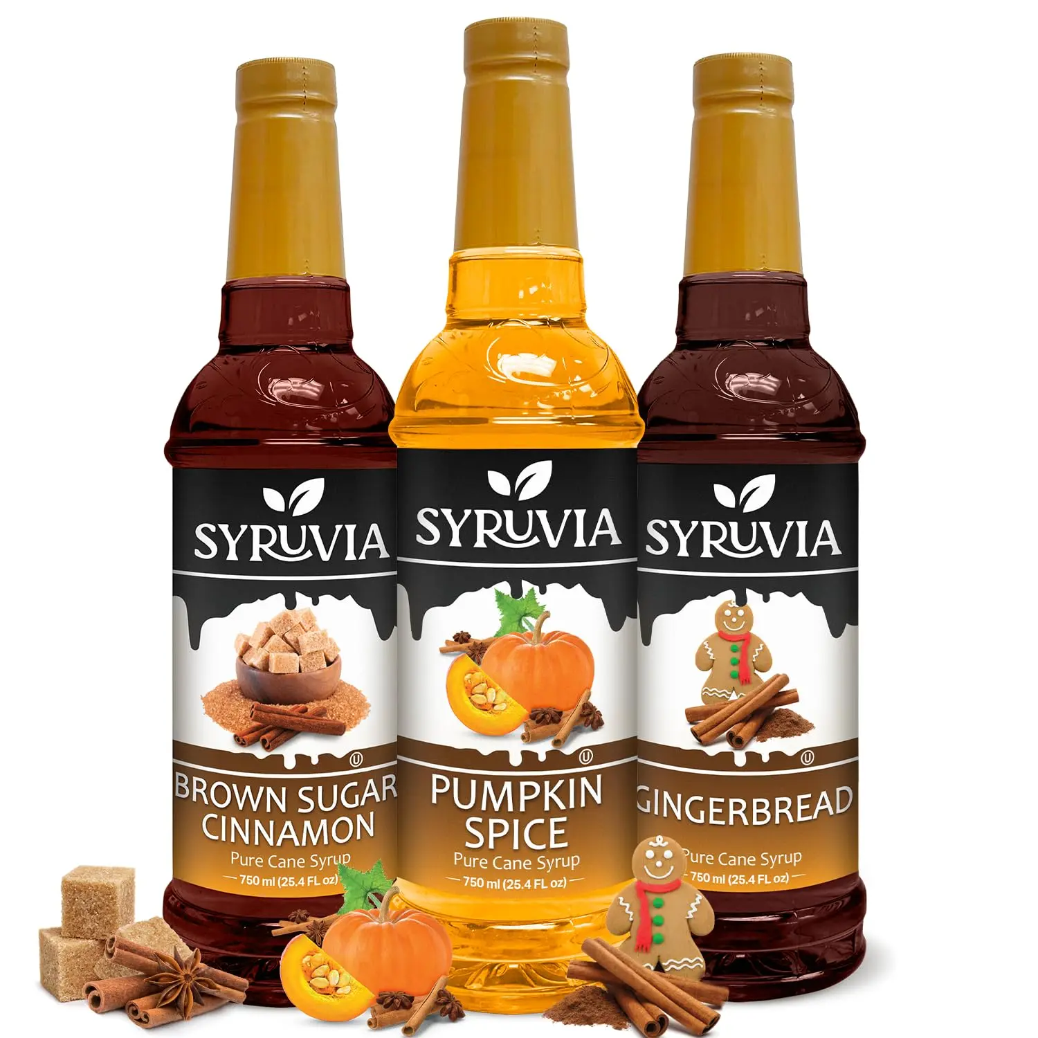 Syruvia Variety Pack - Pumpkin Spice, Gingerbread & Brown Sugar Cinnamon Syrup 25.4 Fl oz (3-Pack)