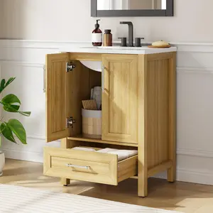 30" Bathroom Vanity with Sink, Freestanding Bathroom Sink Cabinet with Storage, Wooden Bathroom Vanity Cabinet, Easy Assembly, Brown (No Faucet)