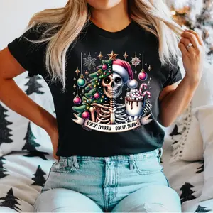 Sorta Merry Sorta Scary T-Shirt, Funny Christmas Shirt, Xmas Skull Lights Tee, Christmas Skeleton Tee, Christmas Santa Skull Shirt, Xmas Skeleton Coffee T-Shirt.