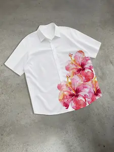 Watercolor Hibiscus Print Short Sleeve Button Up Shirt - Hawaiian Summer Casual Top