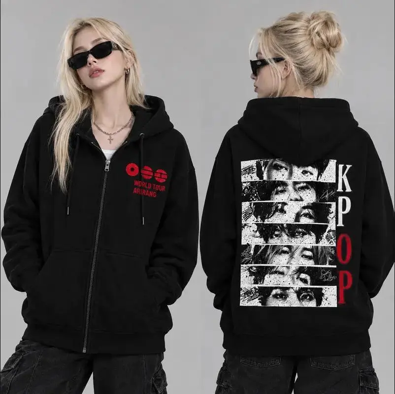 Retro ARIRANG Kpop Hooded Zip Sweatshirt | Kpop Merch, 2026 Kpop Tour Merch | Hoodie Zip Concert Outfit, Hooded Sweatshirt With Front Pocket, Casual Daily Streetwear, Zip Hoodie, Trendy Graphic Hoodies, Hooded Top, Music Fan Gift