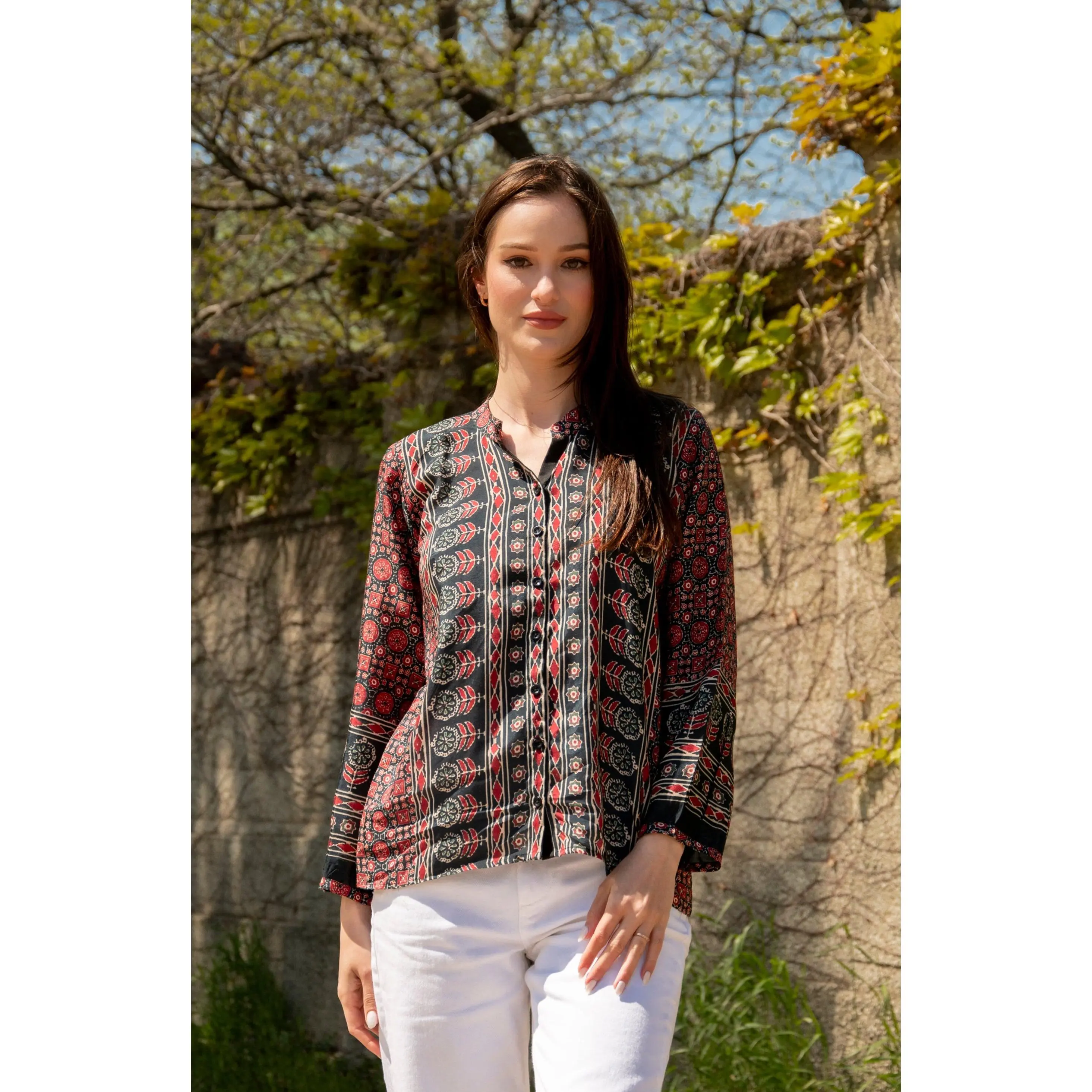 Ayla Maroon Muslin Silk Button-Up Top