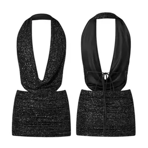 Sexy Sparkly Sequin Outfits 2 Piece Set for Women Cowl Neck Tank Top & Mini Ruched Bodycon Skirt Matching Suit Party Clothes Womenswear Gamis