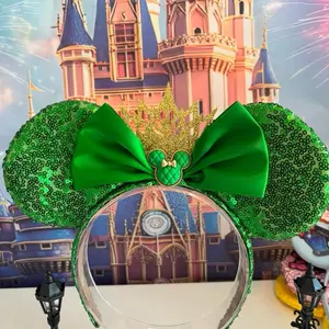 Princess Crown Green Sequin Glitter Mouse Ears Headband with Soft Ribbon Lining Handcrafted Sparkly Ears for Theme Park & Special Occasions