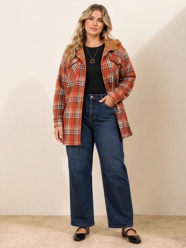 IN'VOLAND Women's Plus Size Collared Plaid Shacket - Loose Fit, Fleece Fabric, Outdoor & Everyday Basic Fall Winter Jacket