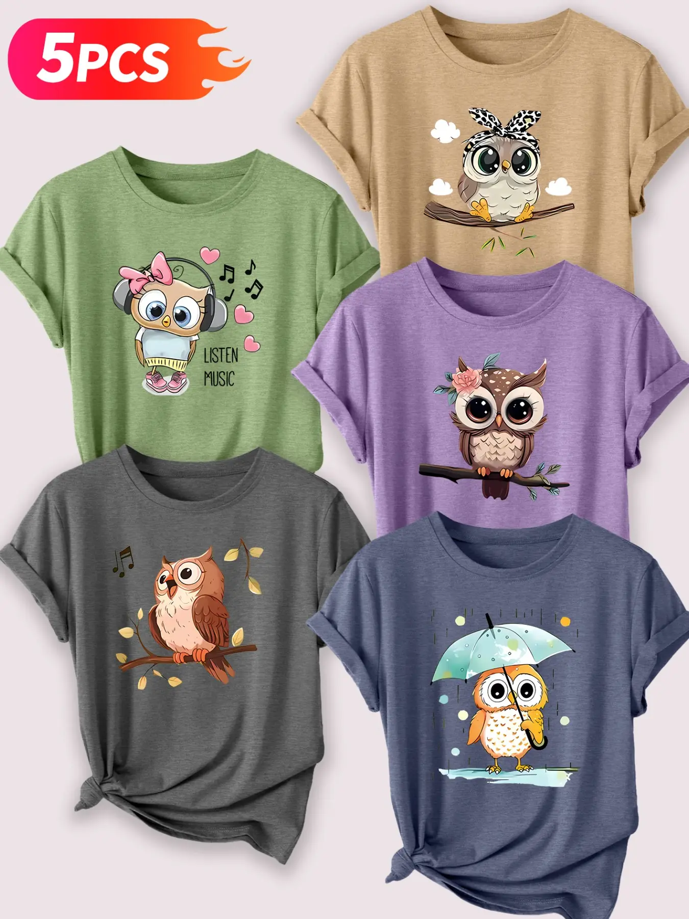Cute Owl Floral Print Cotton Fitted Crewneck T-Shirt Set of 5, Round Neck, Fashionable Loose Streetwear Casual Clothing, Must-Have Essential Items for All Seasons