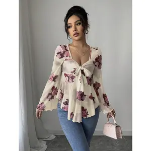 Women's Elegant French Floral Polyester Woven Fabric Blouse - Sexy Chic Long-Sleeve V-Neck Shirt with Asymmetrical Hem, Black & Pink Print, Ruffled Sleeves, Bow Detail, Off-Shoulder Design - Machine Washable Sports Top for Office, Party