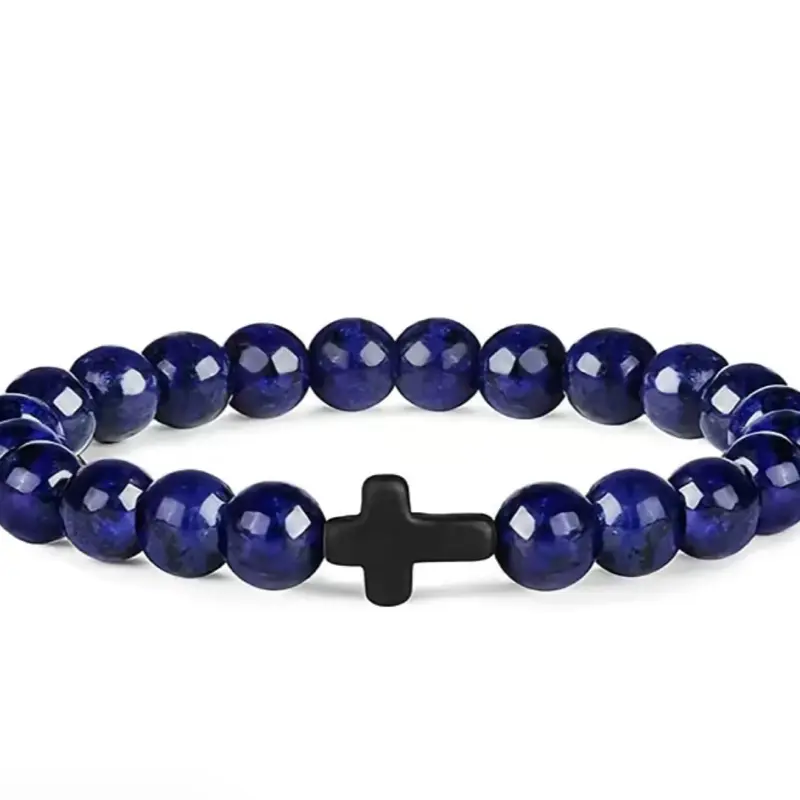Christian Bracelet Lapis Lazuli High Quality Beads Durable Elastic Cross for Men and Women Everyday Jewelry