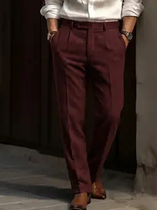 Men's Vintage Herringbone Tweed Dress Pants - Mid-Rise, Straight Leg, Dark Gray Wool Blend Suit Trousers for Business & Formal Occasions, Business Trousers| Vintage Herringbone Pattern| Smooth Texture