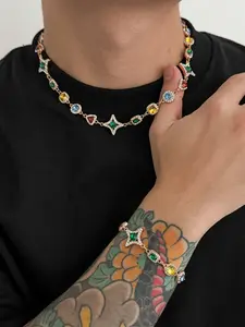 Men's Necklace Bracelet Set, Gemstone Star Design, Party Wear, Holiday Gift, Unique Personal Style Accessories Jewelry